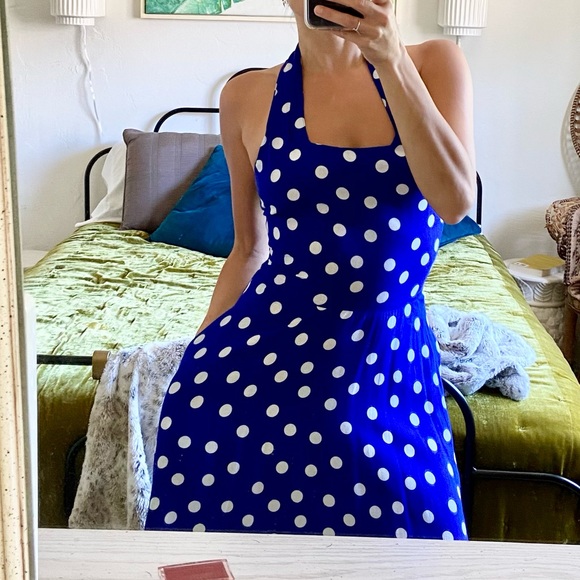 Vintage 70s Royal Blue Polka Dot Square Neck 100% Rayon Maxi Dress | XS - Picture 4 of 12